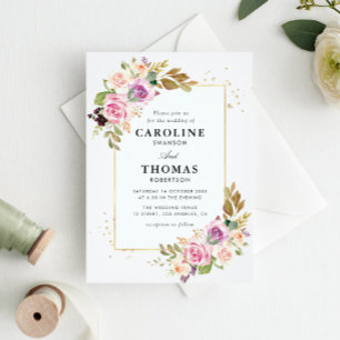 lila Blütenhochzeit Einladung