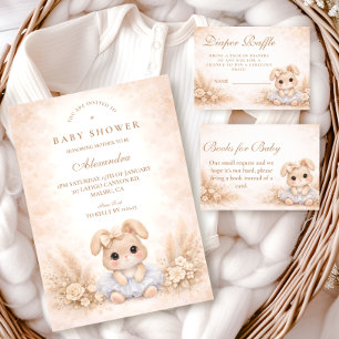 Beige Häschen Blumen Baby Shower Einladung