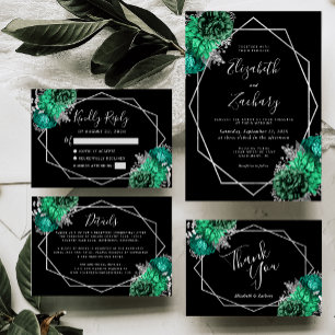 Emerald Green Floral Silver Black Wedding Dankeskarte