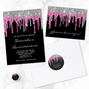 Silver Hot Pink Glitzer Tropfen Black Quinceañera Einladung