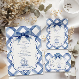 Chic Nautical Navy Blue Bow Wedding Save The Date
