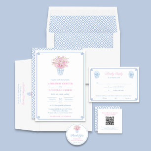 Chic Blue Greece Key Wedding Website QR Code Begleitkarte