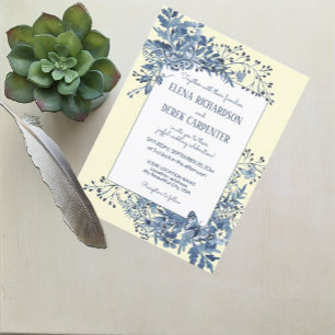 Dusty Blue, Yellow Floral Watercolor Art Wedding Einladung