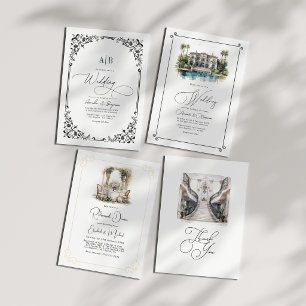 Monogram Black and White Wedding Foto und QR Code Einladung