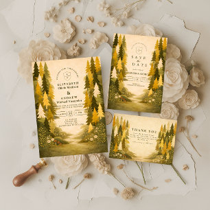 Goldene Kiefernwald-Hochzeit RSVP Karte