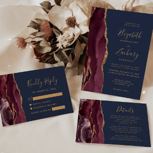 Moderne Burgundy Gold Agate Navy Blue Wedding Einladung