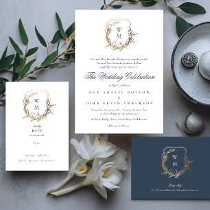Classic Gold Navy Blue Monogram Wappen Hochzeit RSVP Karte