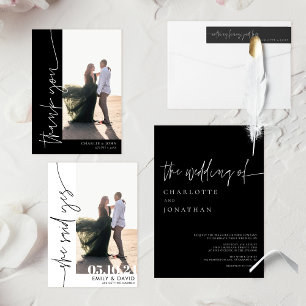 Chic Modern Simple Foto Black and White Wedding Dankeskarte