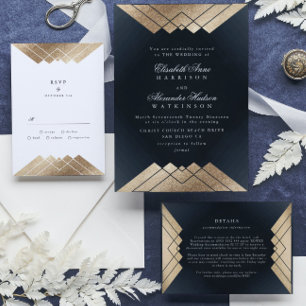 Geo Dark Navy Gold Gatsby Calligraphy Wedding Einladung