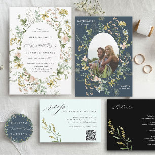 Wildblume Wreath Elegant Wedding Navy Blue Runder Aufkleber