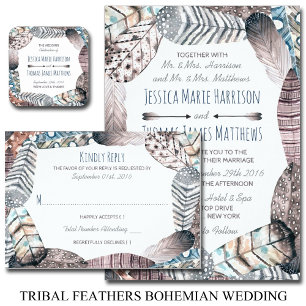 Moderne Tribal Feathers Bohemisch Hochzeit Einladung
