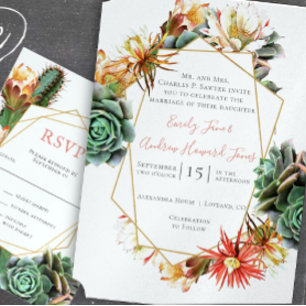 Rosa Lila geometrische Goldrahmen mit floraler Geo All In One Einladung