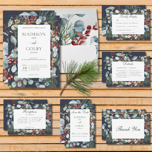 Winter Christmas Greenery Navy Wedding Invitation Einladung