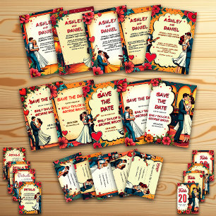 Retro Romantische Braut- und Comic-Hochzeit Save The Date