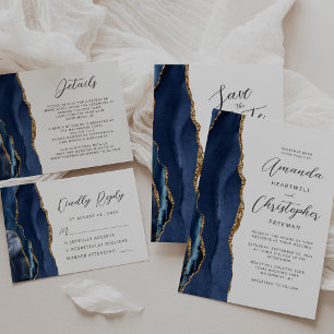 Agate Navy Blue Gold Script Wedding Einladung