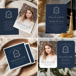 Monogram Wappen Navy Blue White Graduation Party Serviette