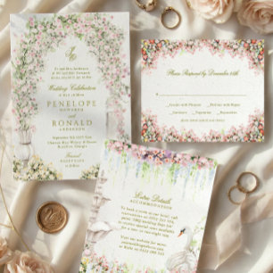 Blumige französische Gartenbogen-Hochzeit im Vinta Einladung