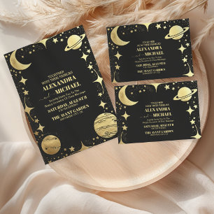 Celestial Black Gold Crescent Moon Wedding Einladung