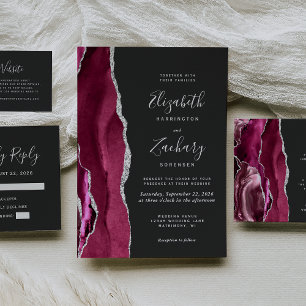 Moderne Burgundy Silver Agate Dark Wedding RSVP Karte