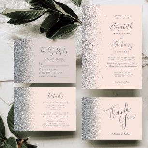 Moderne Blush-Pink-Silber-Glitter-Kanten-Hochzeit Einladung