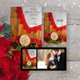 Rustikale Pines und Red Lace Winter Wedding RSVP C Karte