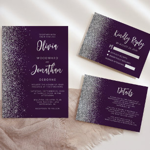 Modernes, dunkles Lila Silver Glitzer Edge Script RSVP Karte