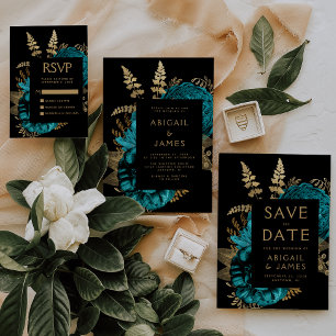 Elegant Moody Dark Floral Türkise Gold Wedding Einladung