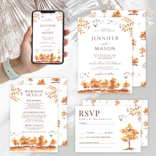 Classic Brown Fall Landscape Blätter Wedding QR Einladung