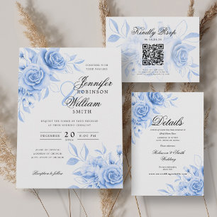 Elegantes Script Wedding Navy Blue Floral w/QR UAW Einladung