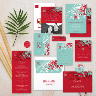 Red & Turquoise Bamboo Blätter Shuang Xi Wedding Tischnummer