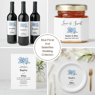 Blaue Aquarell-Blumen und Schmetterlinge Hochzeit Pappteller