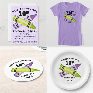 Green Lila Artist Crayons Child Birthday Party Einladung