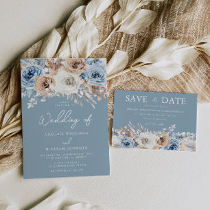 Dusty Blue White Bohemisch Watercolor Wedding Einladung