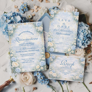 Blaue Florale Gold-Garten-Quinceañera RSVP Karte