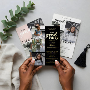 Moderne Black Now & Then Two Foto Graduation Party Einladung