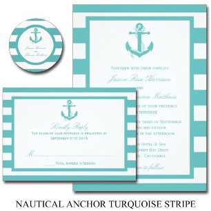 Türkisch-türkisfarbene Stripe Anchor Hochzeit Einladung