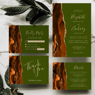 Burnt Orange Agate Olive Green Wedding RSVP Karte