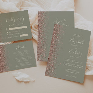 Moderne Sage Green Rose Gold Glitzer Edge RSVP Car Karte