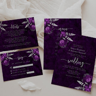 Pflaumen-Purple-Silber-Blumen-Script-Hochzeitsdeta Begleitkarte