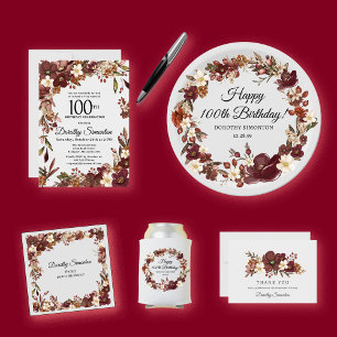 Burgundy Mauve Ivory Fall Floral 100. Geburtstag Einladung