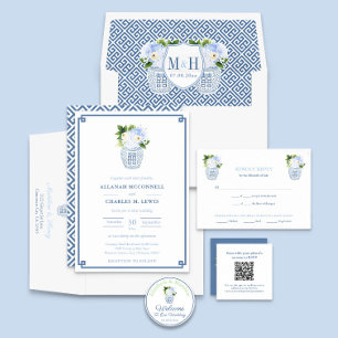 Chinoiserie Chic Blue & White Wedding RSVP Karte