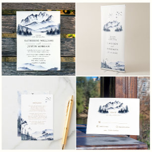 Watercolor Blue Mountain Wedding Details Card Begleitkarte