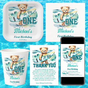 Die große 1-Surf-Geburtstagsparty Teddy Surfboard Karte