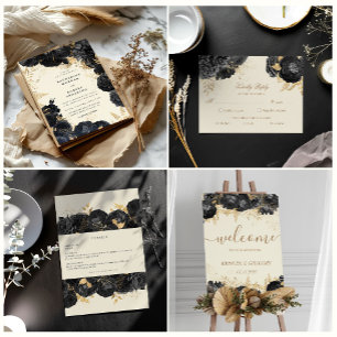 Watercolor Gold Black Rose Save the Date Einladung