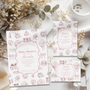Pink Kleidung Toile De Jouy Baby Dusche Einladung