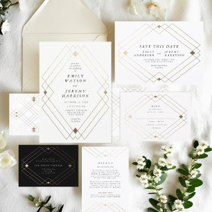 Gold Diamond White Geometric Deko Gatsby Wedding RSVP Karte