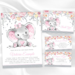 Pink Gray Elephant Diamond Floral Baby Dusche Dankeskarte