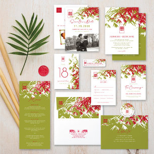 Red & Jade Green Bamboo Blätter Shuang Xi Wedding Tischnummer