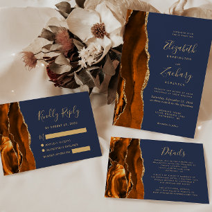 Burnt Orange Agate Gold Navy Blue Wedding Einladung