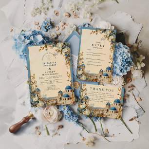 Santorin Blaue Kuppel Botanische Hochzeit Einladung